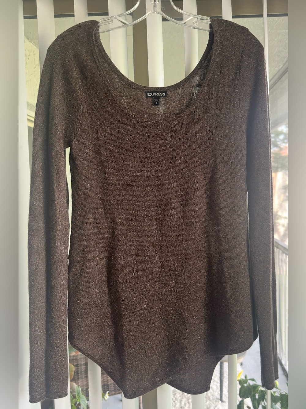 Express Metallic Brown Long-Sleeve Scoop Neck Top